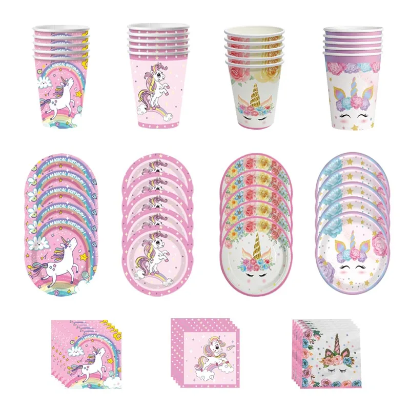 Disposable Tableware Birthday Set Girl Unicorn Theme Plate Paper Cup Napkin For Child Party Decorations Baby Shower Supplies