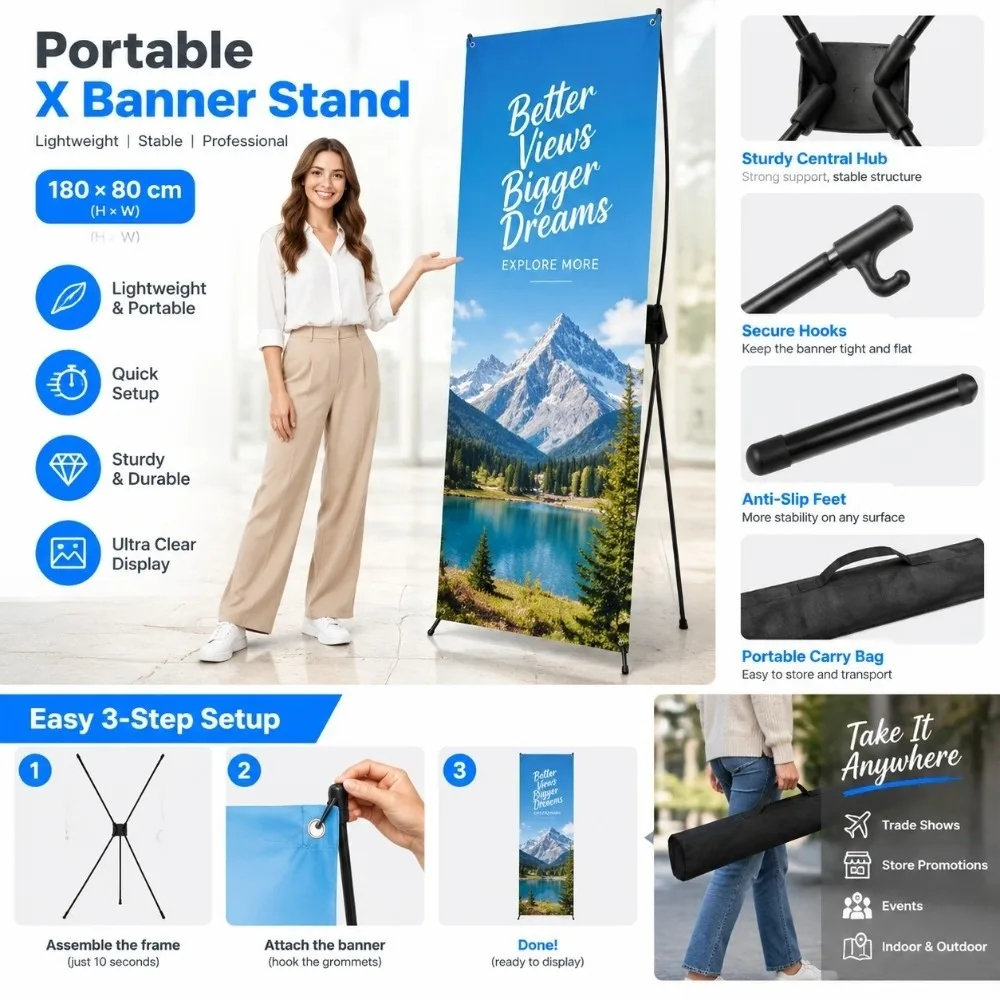 Portable 180×80cm X Banner Stand Lightweight Tool-Free Stable X Stand Roll-Up Foldable Poster Display Stand Advertising