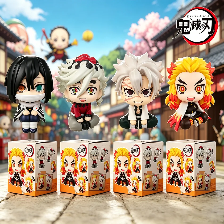 Juego de 4 figuras de Demon Slayer en versión Chibi – Rengoku Kyojuro, Iguro Obanai, Shinazugawa Sanemi, Douma, muñecos coleccionables de anime.