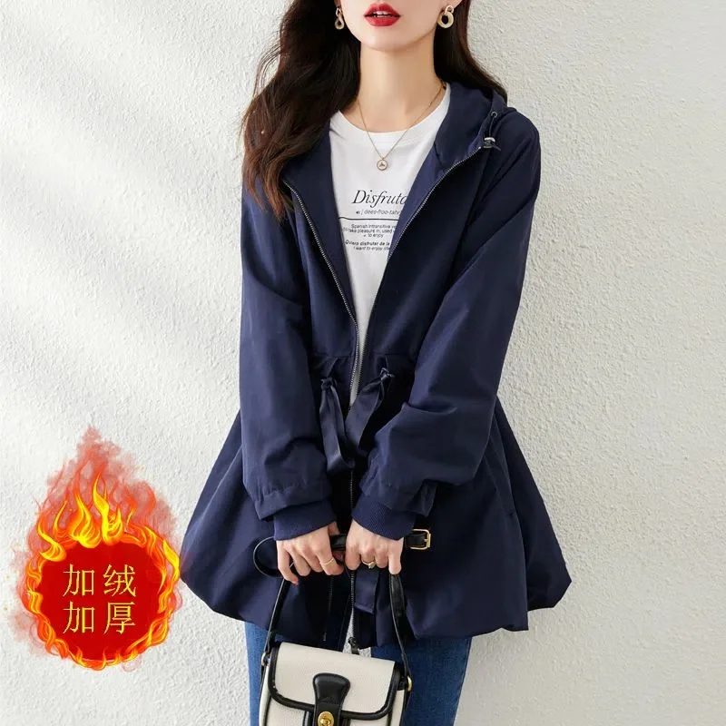 

High-Grade Women's Windbreaker 2022 Autumn New Temperament All Match Casual Hooded Loose Windbreaker Female Coat Solid Color X44