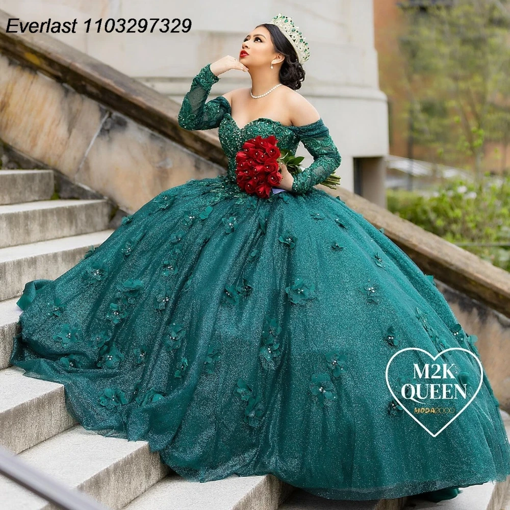 

EVLAST блестящее изумрудно-зеленое платье Quinceanera бальное платье 3D цветочное кружево Аппликация вышитое бисером милое 16 Vestidos De 15 лет TQD787