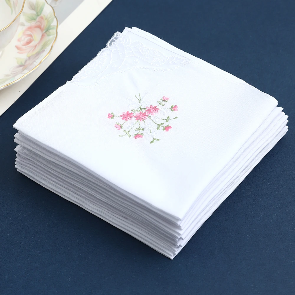 12 Pack of Women's Elegant Lace Embroidered Handkerchiefs, Pure Cotton Handkerchiefs, Thin and Soft, Wedding Season Bridal