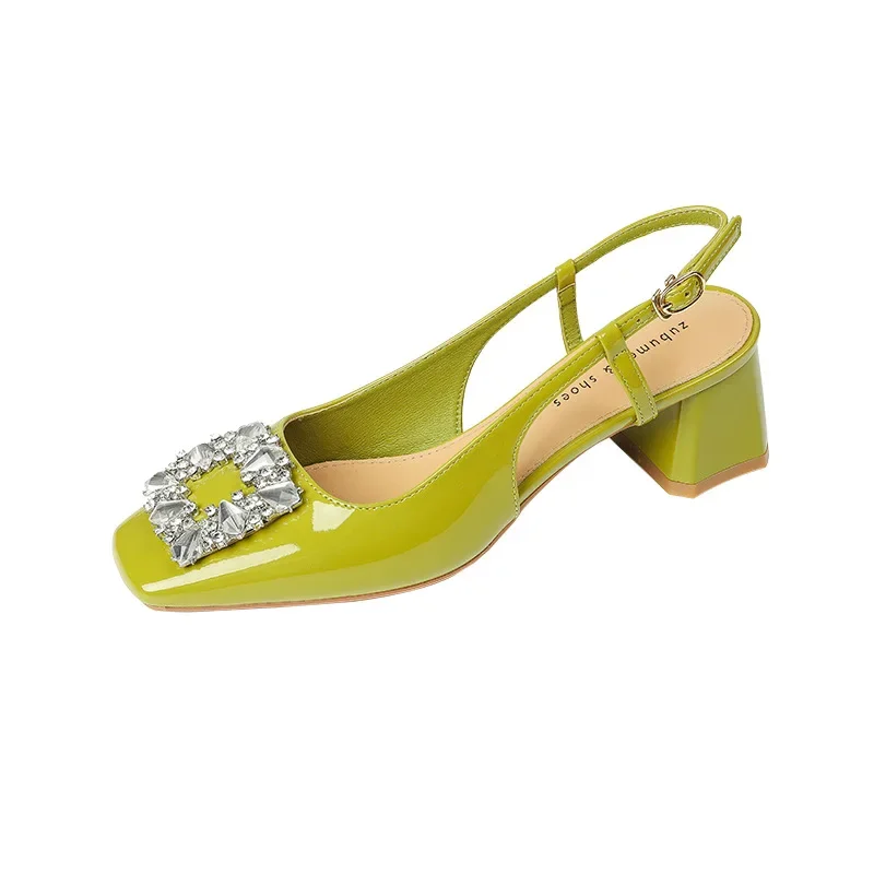 2025 Summer Elegant Slingback Sandals Women Rhinestone Buckle Back Strap Chunky Heel Square Toe 5cm High Heels