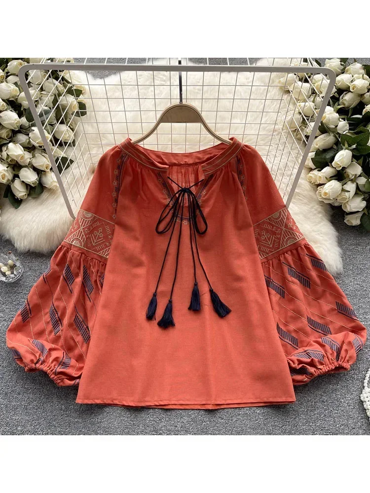 Women Sprin Autumn Blouse New Chinese Style Retro Loose Embroidered Lantern Sleeves Versatile Loose Long Sleeve Shirt Top D3554