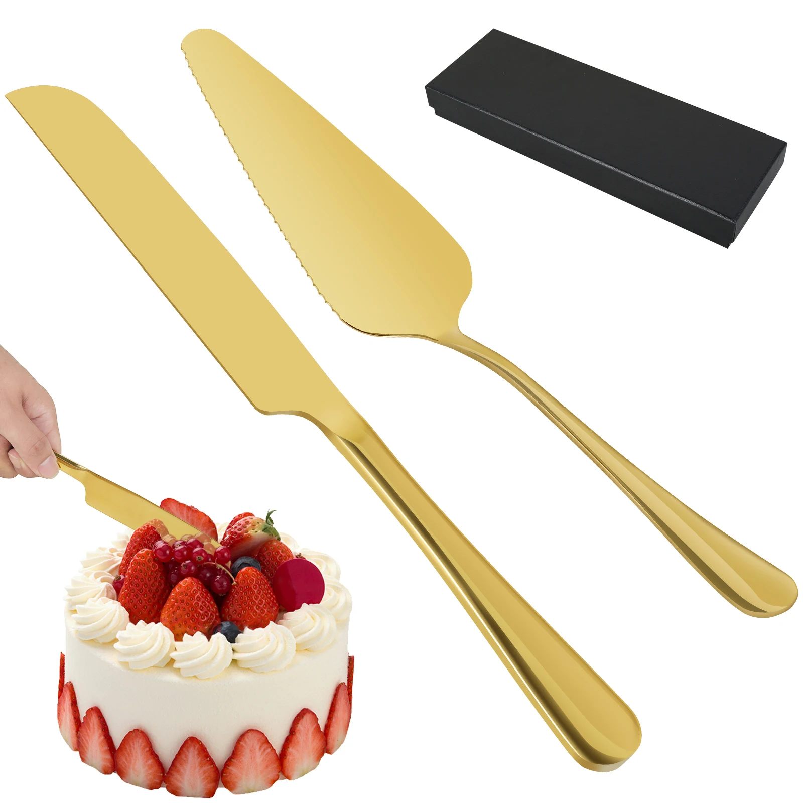 2Pcs Cake Cutting Knife Stainless Steel Cutting and Spatula Set Gold Wedding Cake Cutting Utensils for Wedding Birthday Party