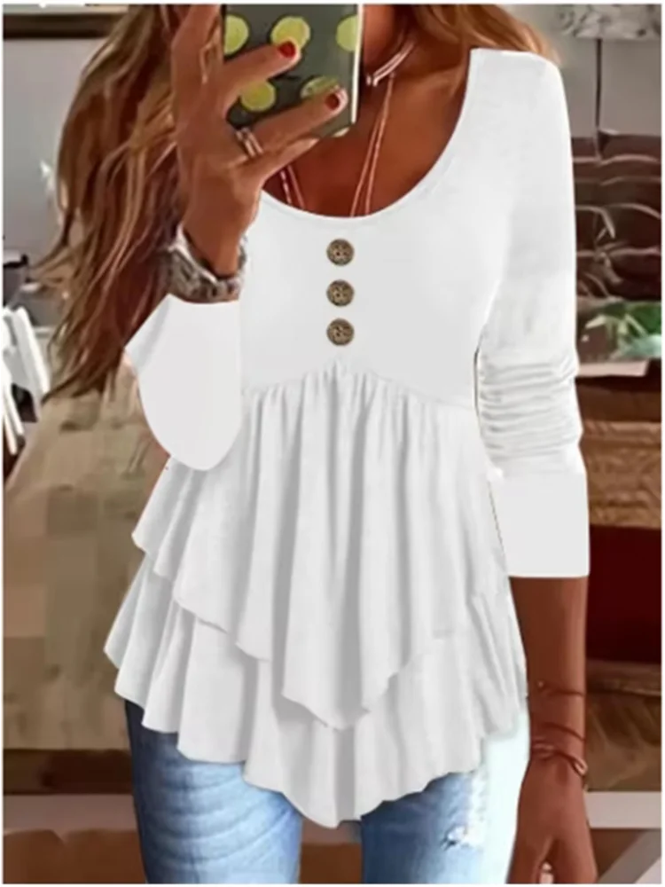 Irregular Double-Layer Top Women's Round Neck Button Short Sleeved T-Shirt Elegant Summer Solid Color Blouse