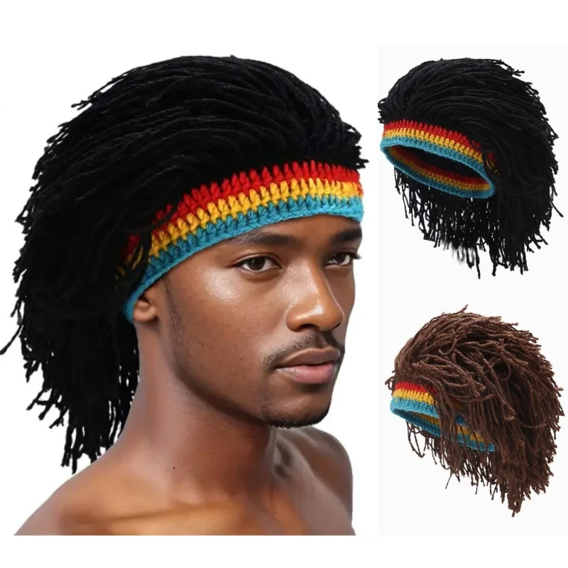 Women Men Synthetic Wig Knitted False Braid Dreadlock Cap Handmade Crochet Beanie Hat African Jamaica Cosplay Party Hip Hop Hat