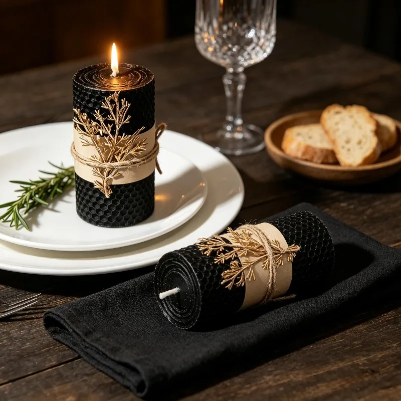 2-piece Handmade Beeswax Pillar Candle Set (Black), Size 5x10 cm, Honey Scent, Home Decor