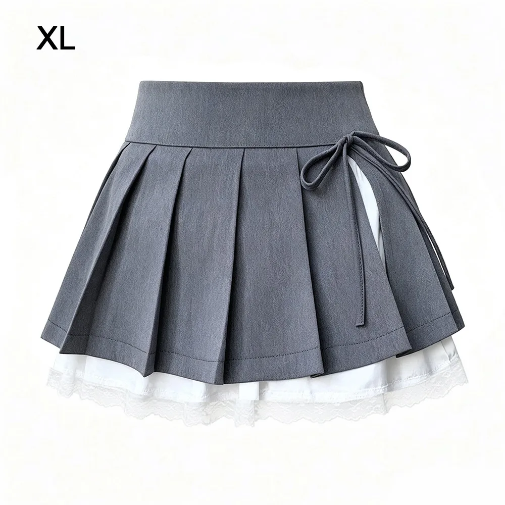 Lace Paneling Pleated A-Line Skirt Built-in Shorts Plaid Mesh Stitching Lace Trim Skirt Polyester Lining Side Slit