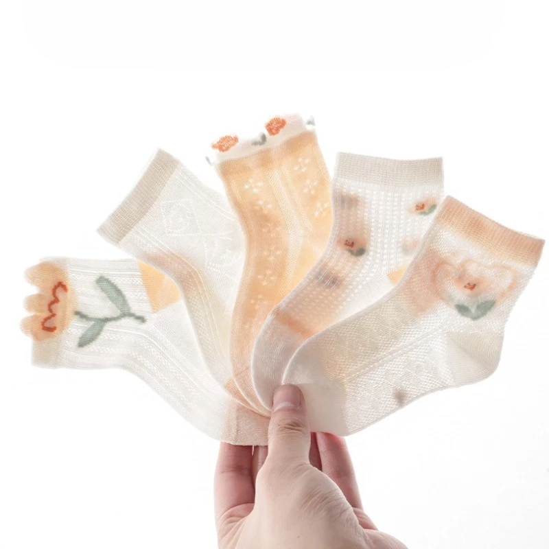 5Pairs Cartoon Childrens Mesh Socks Ultra Thin Breathable Kawaii Kids Clothing for Girls 1-12Years