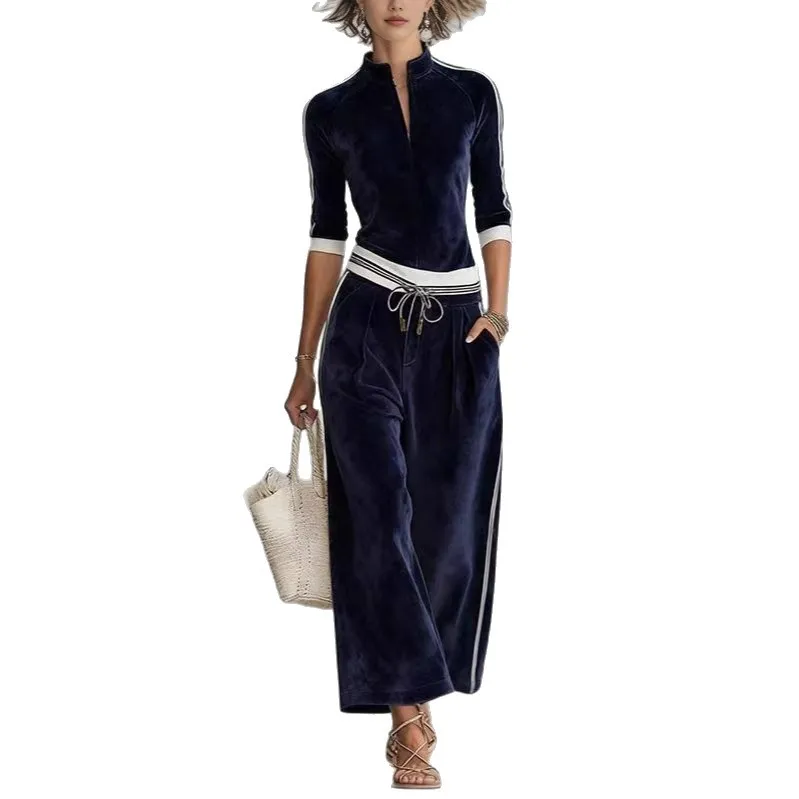 Women's Autumn. And Winter Fashion Random Sports Suit Korean Velvet Long Sleeve Solid Color High Necklace Zipper Wide Leg Pants.