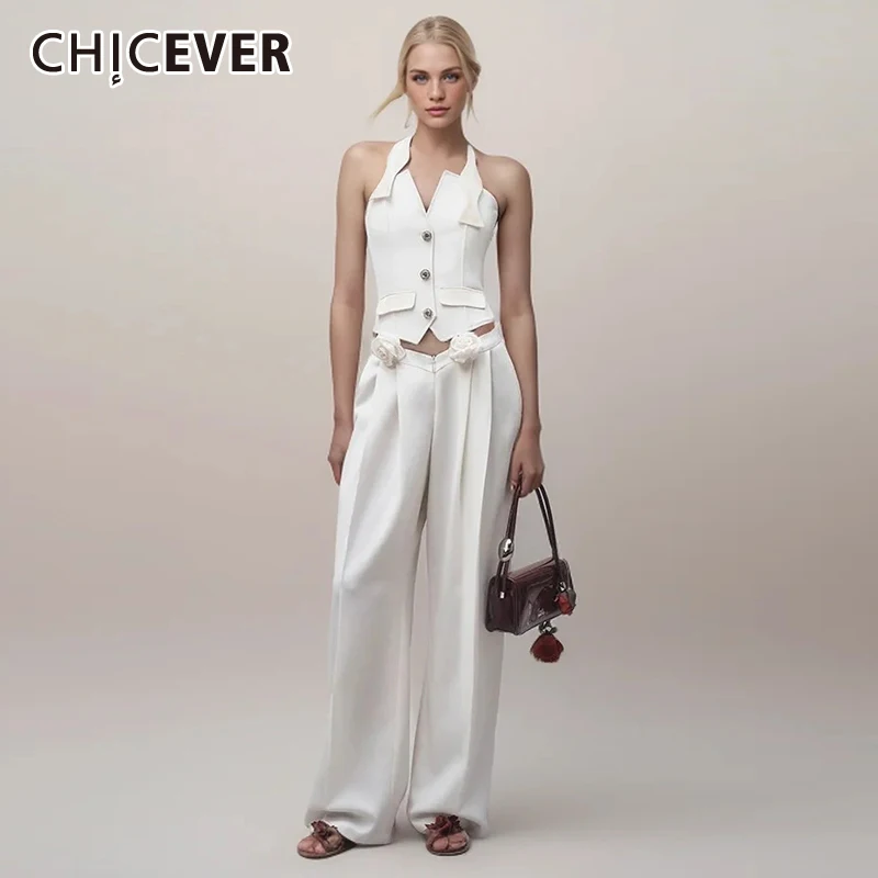 

CHICEVER Solid Two Piece Sets For Women V Neck Sleeveless Off Shouler Tops High Waist Spliced Appliques Pants Summer Set Female