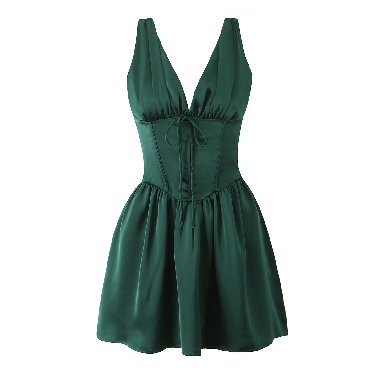 2025 Fashion Satin Dark Green Vest Princess Dress Women Sleeveless Pleated V-Neck Short Party Dress