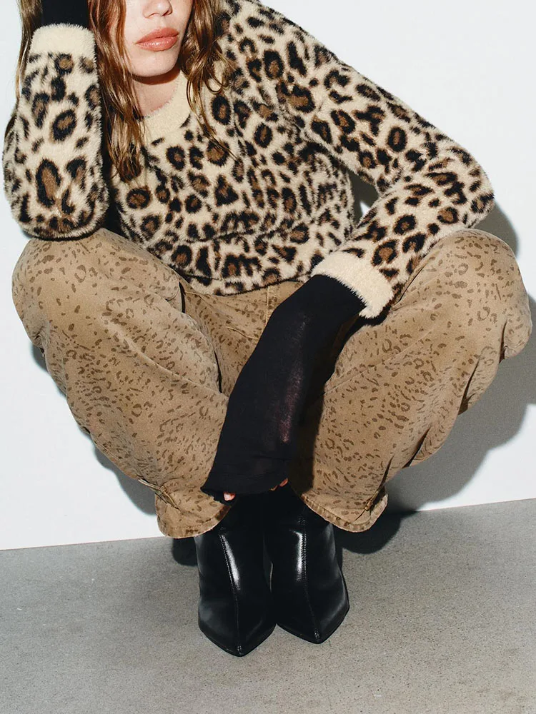 2025 inverno nova camisola de malha feminina animal impressão efeito pele artificial versátil longo sve redondo ne ort casaco sle