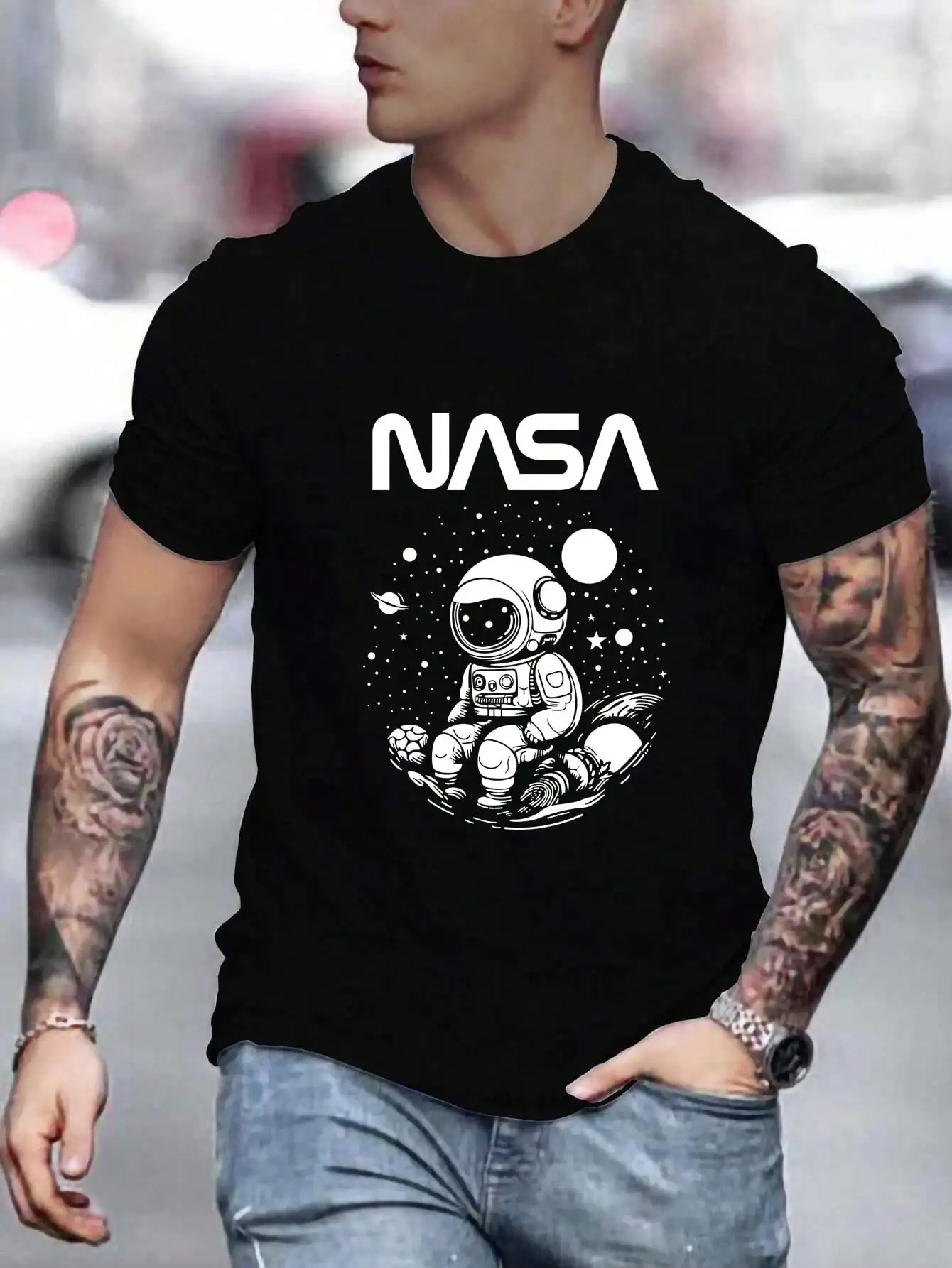 

Men Vacation Astronaut and Text Graphic Printed Short Sleeve T-Shirt, Boyfriend Gift Oversized T Shirt Moisture Wicking