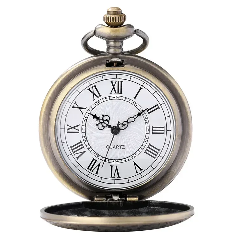 Vintage Style Shield Case Bronze Quartz Pocket Watch for Men Women Roman Number Dial Timepiece Necklace Chain Clock Compass Deco