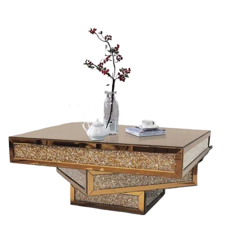 Rose gold coffee table, modern rhinestone glass center table, living room hotel, decorative square side table