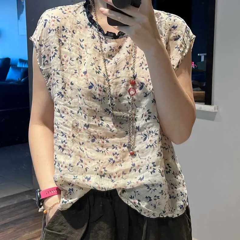 

Retro Lace Trim Linen Svel irt Women Summer Thin Loose Youthful Slimming Floral Top Cotton 70% Linen 30% Button Detail