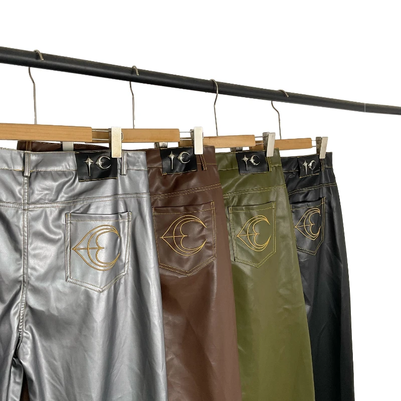 

High Street Men Women Heavy Industry Fashion Casual THUG CLUB Leather Pants High Quality Logo Thug Club Trousers