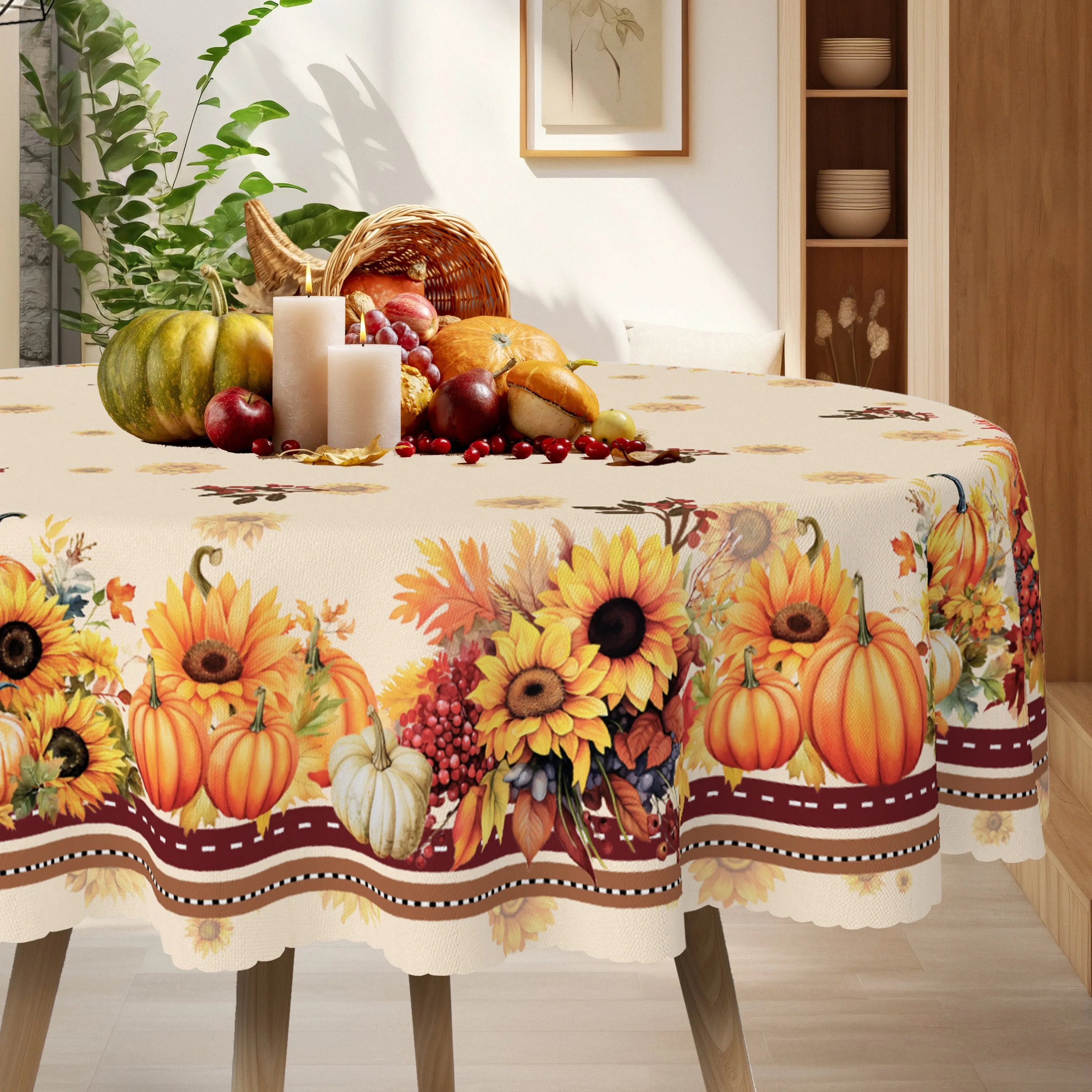One rectangular circular tablecloth, Thanksgiving tablecloth, Pumpkin and Sunflower Harvest Tableclothzyc。