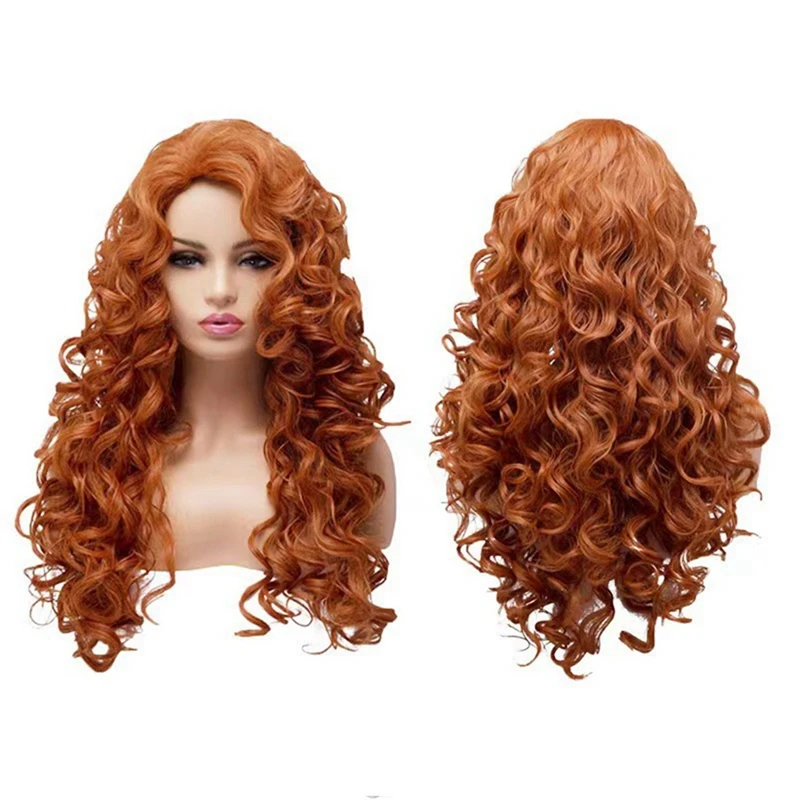 European And American Style Women\'s Brown Long Curly Wig Wool Curly Wig Medium Parted Chemical Fiber Wig