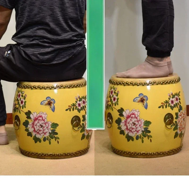 Solid Wooden Stool with Chinese Cowhide Drum Shoe Replacement Circular Sofa for Living Room Mortise Installation