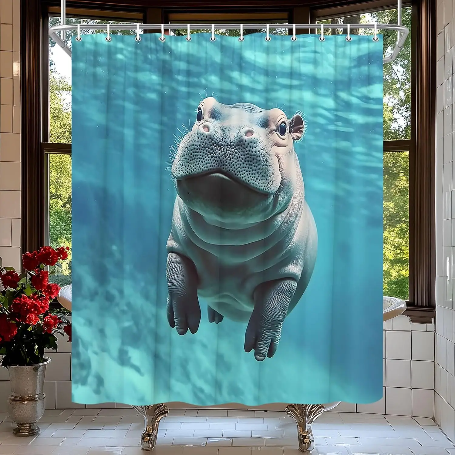 Cute Underwater Hippo Shower Curtain, Baby Hippopotamus Swimming in Blue Water Nature Scenery Waterproof Bath Curtain Decor