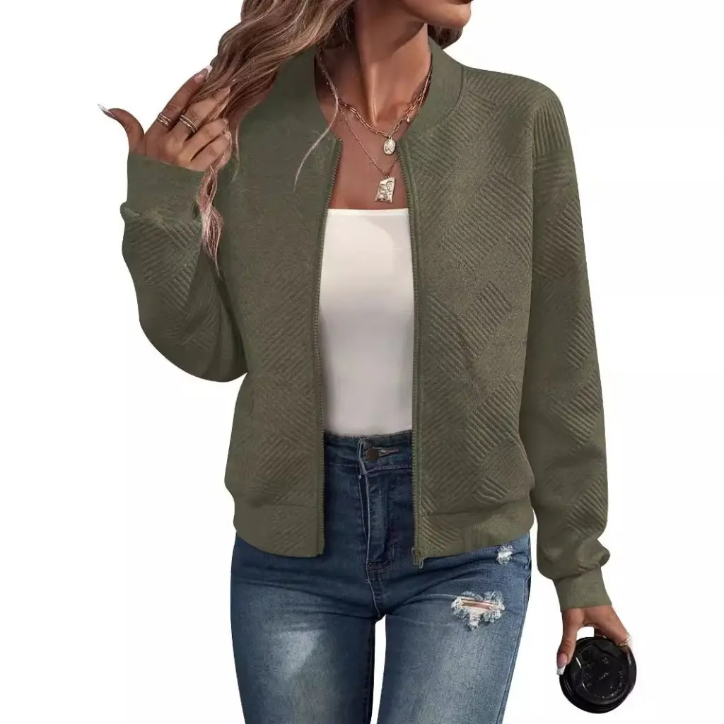 

Women's Pure Color Zipper Jacket Baseball Collar Casual Autumn Winter New Export from European American