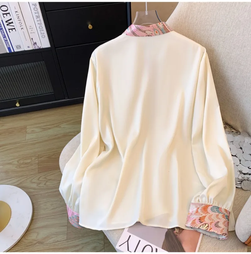 Satin Chinese Style Women\'s Shirt Loose Patchwork Blouses Fashion Clothing Long Sleeves Spring/Summer Women Tops