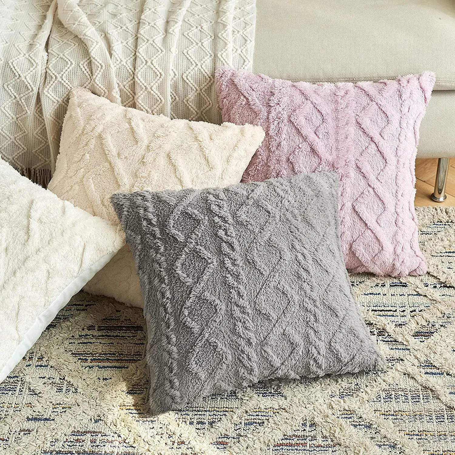 Short Fleece Cushion Cover Plush Fuzzy Pillow Cover for Living Room Sofa Decorative Pillow Home Decor Pillowcase 45x45cm 50x50cm