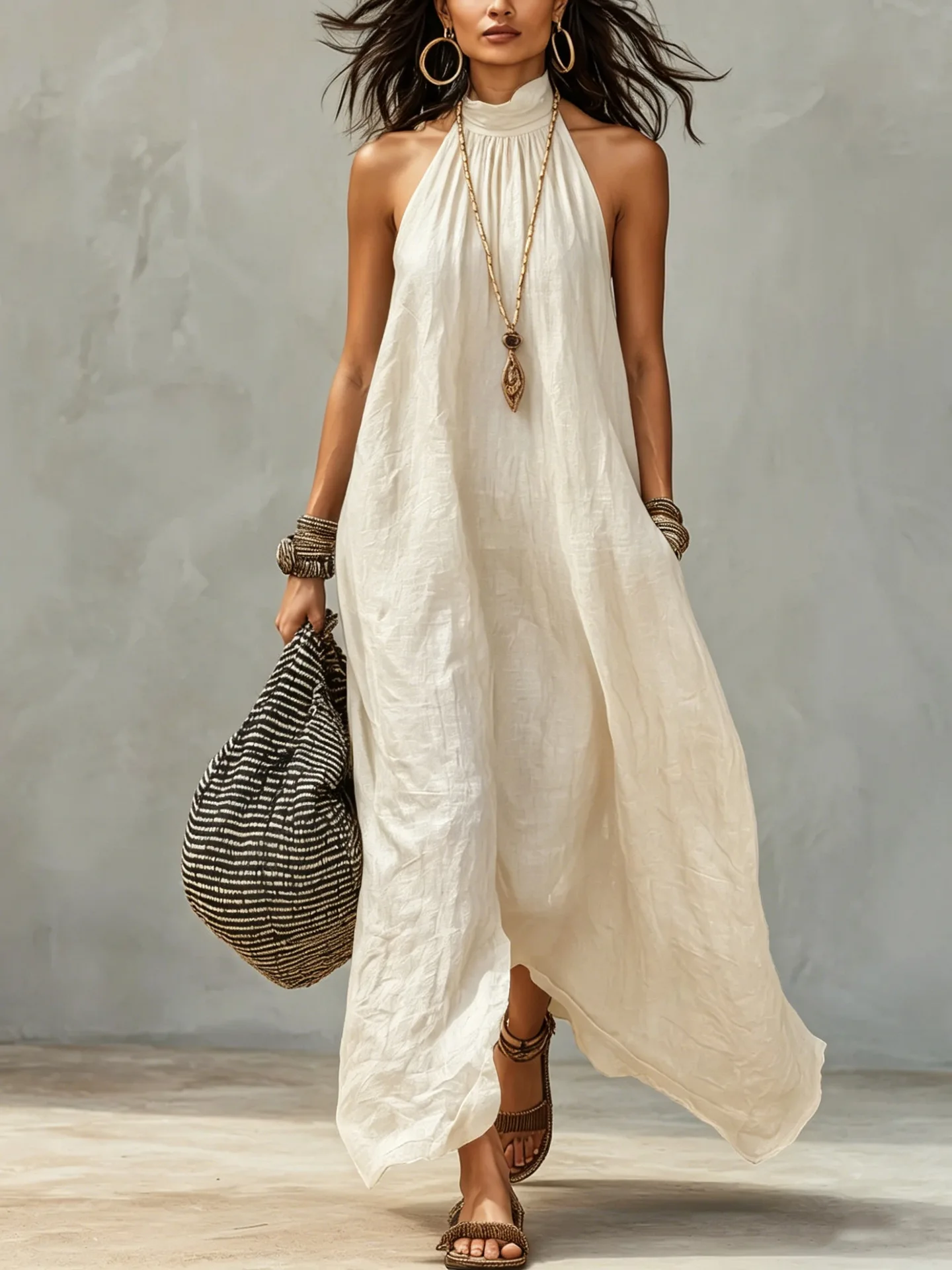 Halter Backless Crinkled Maxi Dress Women Sexy Loose Boho Vacation Sundress S-3XL