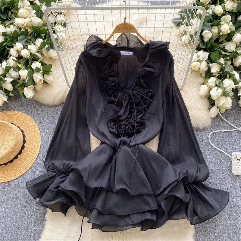 3D 플로럴 비치 숏 드레스 여성용 긴 소매 레이스업 러플 쉬폰 케이크 선드레스 시어 섹시 빈티지 보헤미안 드레스