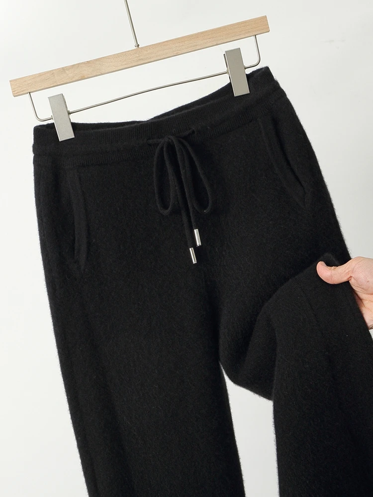 Men's Wool Pencil Pants Drawstring Elastic Waist Casual Trousers Autumn Winter 100% Merino Wool Knitted Jacquard Tapered Pants