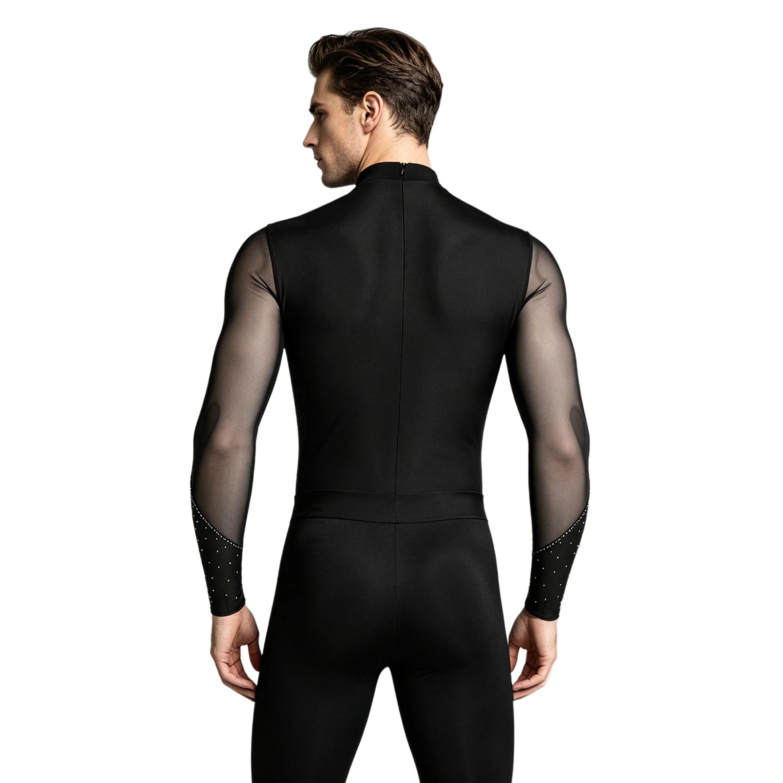 Herren Gymnastik Latin Ballett Tanz Performance Eiskunstlauf Kostüm Glitzer Strass Mesh Trikot Overall Bodysuit Shirts – Detail 13