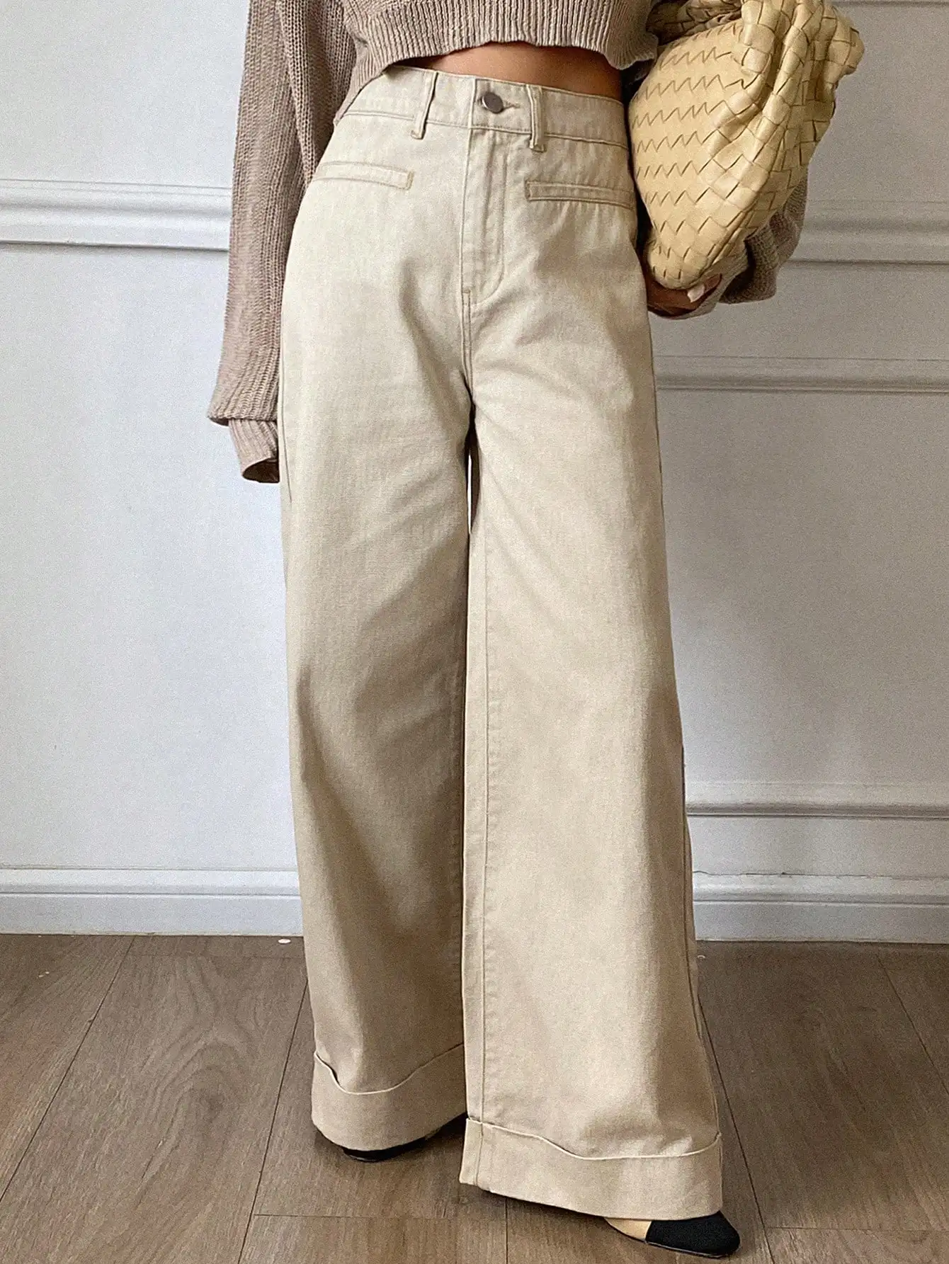 

Женские повседневные брюки с высокой талией и широкими штанинами, с боковыми карманами, бежевые, осенний стиль