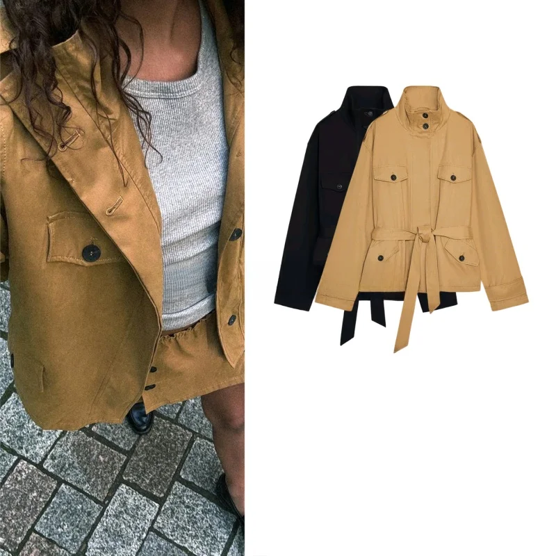 

Simple ort Sle Women's Autumn Windbreaker Coat Long Sve Stand Collar Knot Waist Belt Polyester Fiber 00%