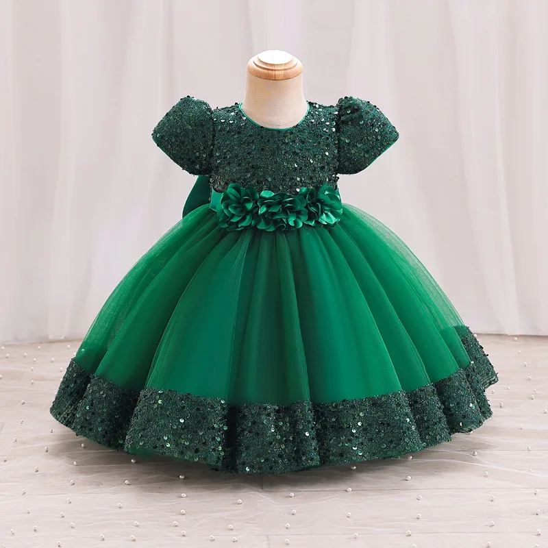 green baby girl dress Emerald Green Girls Ball Gown – Off-Shoulder Glitter Dress with 3D Floral  Appliqué GK121