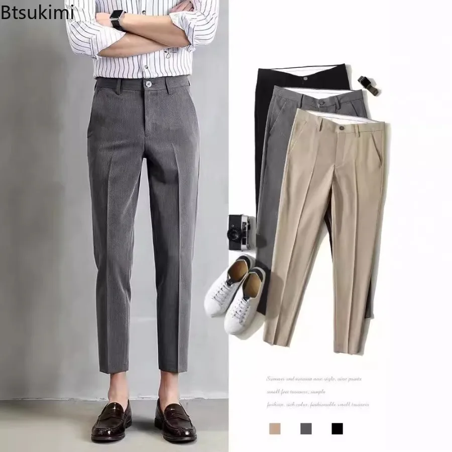 New Men's Casual Pants Solid Slim Fit Suit Pants Korean Style Straight Business Ankle Length Trousers Spring Summer Dress Pants