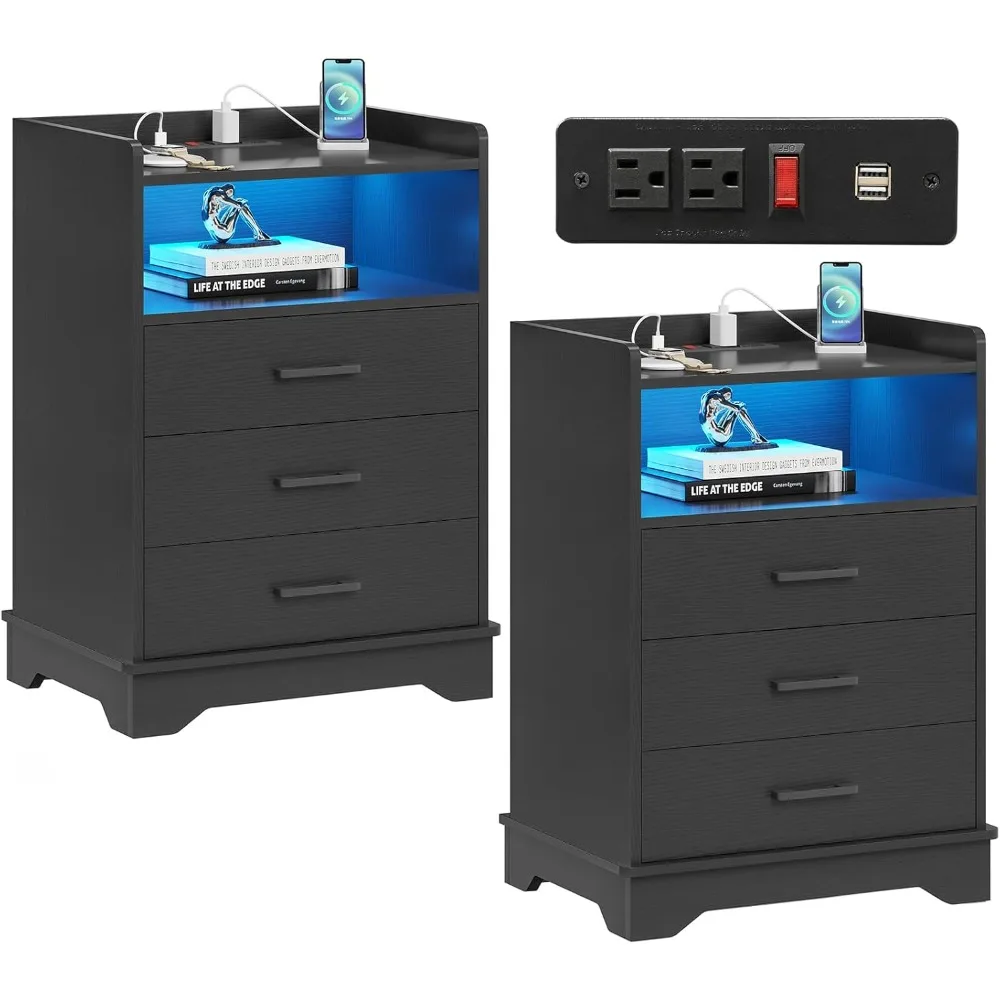 

modern black dual nightstand with charging station, led lights, 3 drawers, and open storage