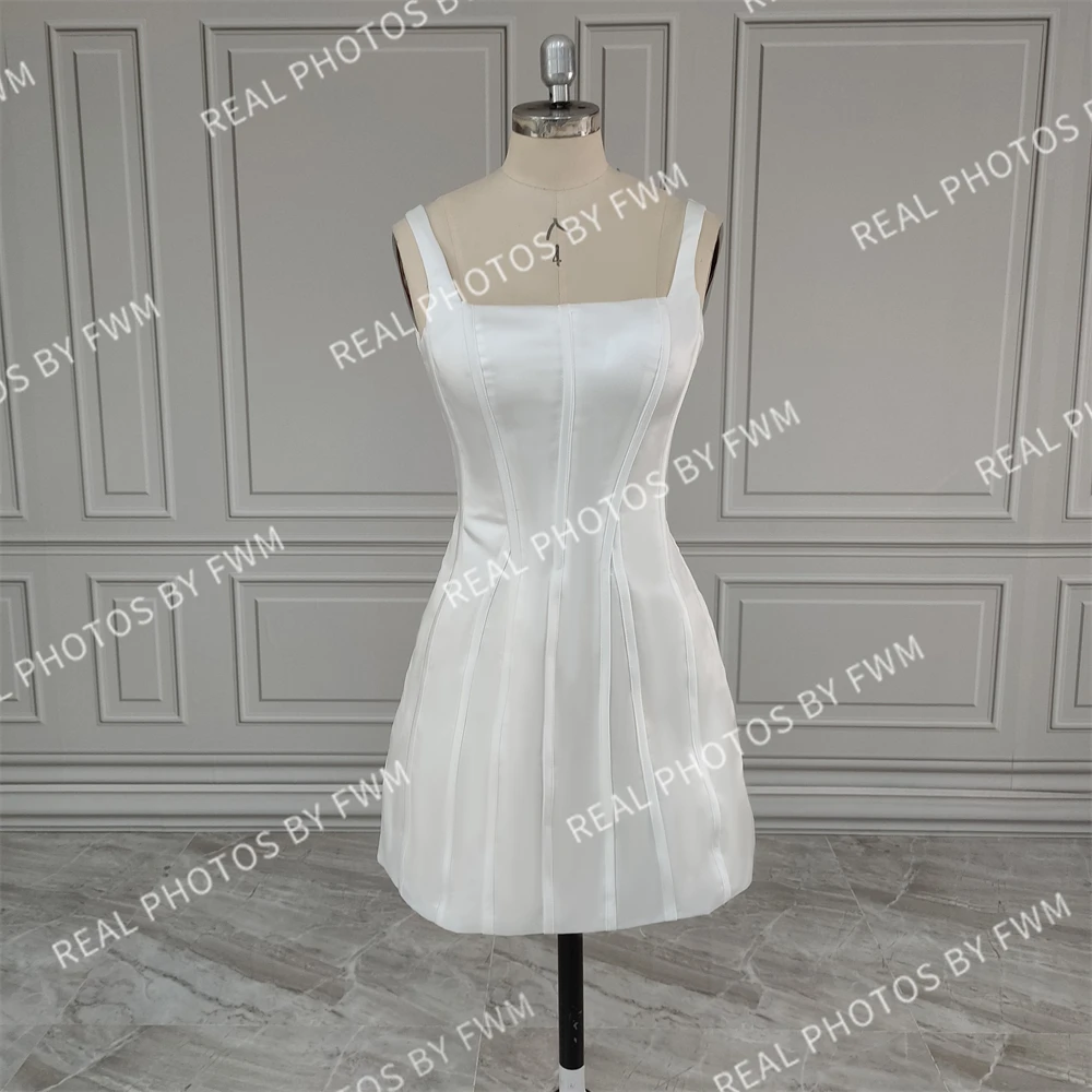 15598# Real Photos Elegant Square Collar Sleeveless Mini Satin Wedding Dress Evening Party Prom Gown For Women Custom Made