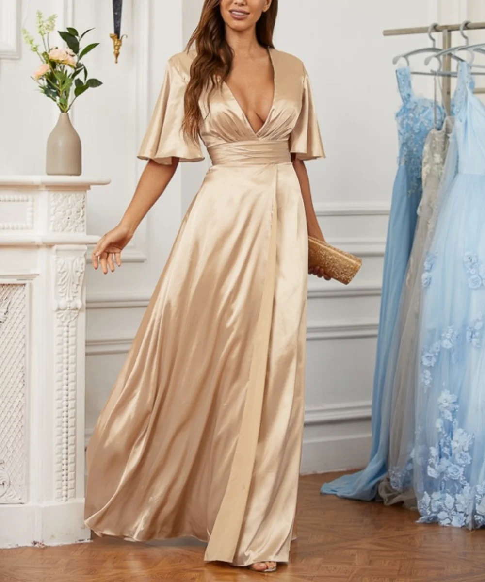 

Elegant Long Champagne V Neck Satin Evening Dresses Short Sleeves A Line Floor Length