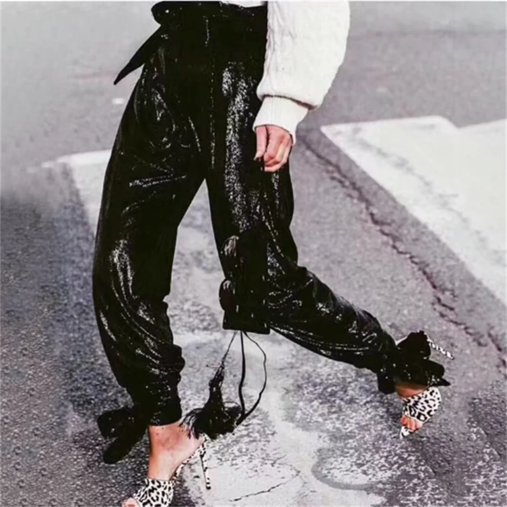 

Spliced sequined women's leggings new high-waist lace fashion ladies' casual pants