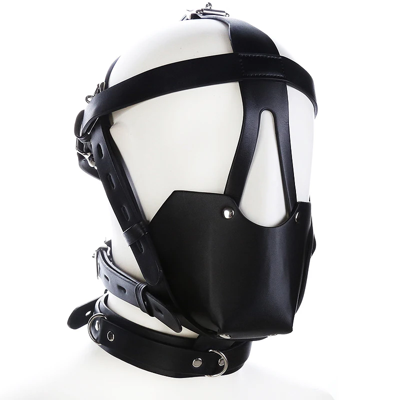 Sexy PU Leather Harness Mask Fetish Bandage Head Mask Hood Adult Halloween Party Cosplay Games Hollow Out Hood Men Face Mask