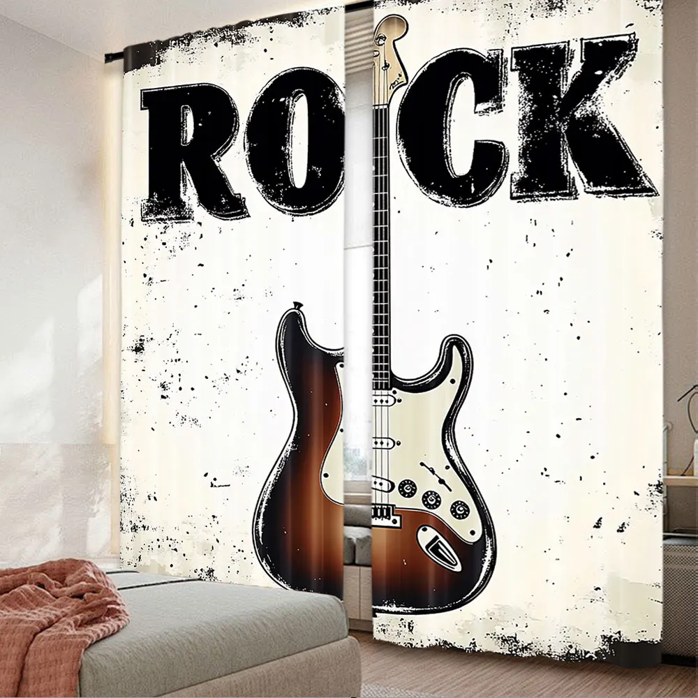 2Pcs Rock Music Curtains Detailed Guitar With Strings Retro Halftone Suitable For Living Room And Bedroom 29.53X65.35In