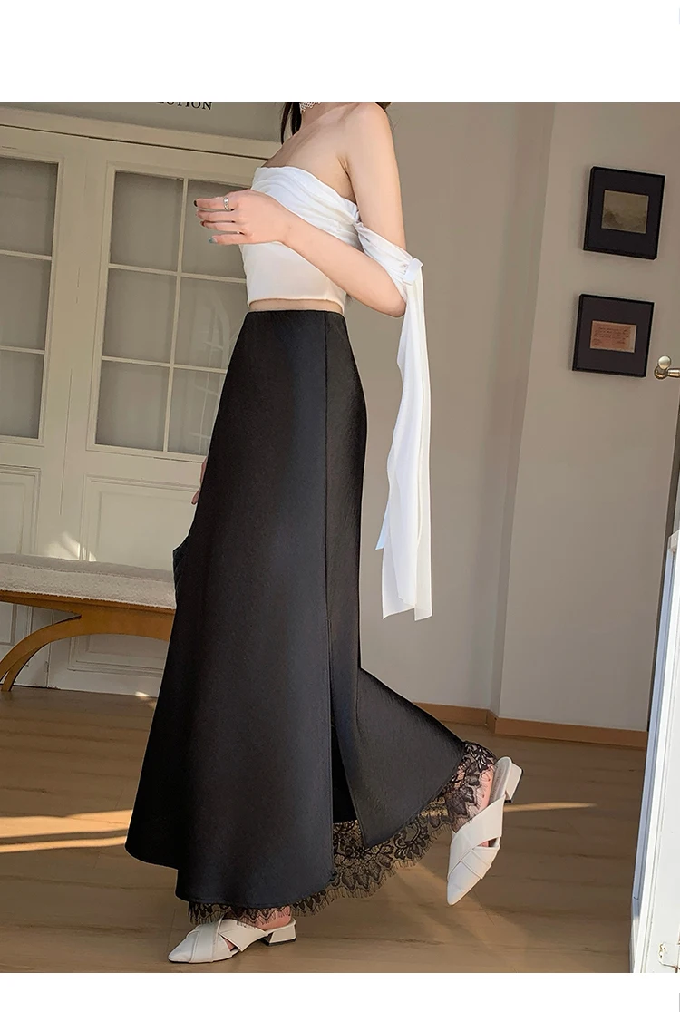 2026 Sommer Herbst Neuer Schlanker Hochwertiger Modischer Halbrock Eleganter Spitzenbesatz Satin Seitenschlitz Damen Midi-Rock – Detail 25