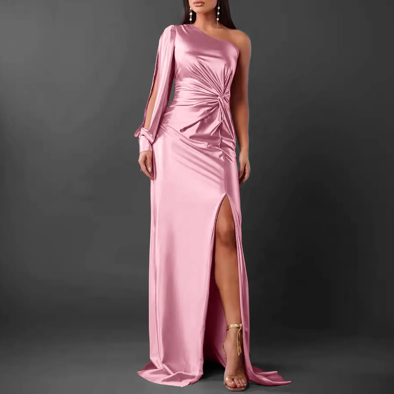 Women Fashion Party Maxi Dress Summer Solid One Shoulder Long Sleeve Cut Out Irregular Pleated Nipped Waist Slit Dresses 2024