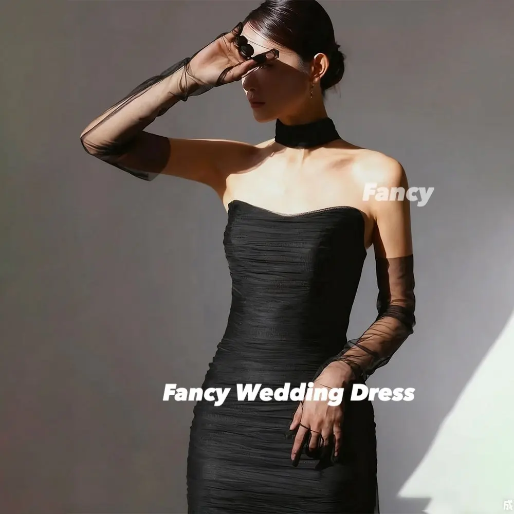 Abiti da sera fantasia a sirena nera Servizio fotografico di matrimonio coreano Abiti da ballo in tulle morbido Corsetto sul retro Festa serale lunga personalizzata