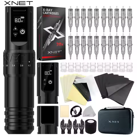 XNET T1 Wireless Tattoo Machine Pen Full Completed Kit Adjustable Stroke Custom Motor Makeup Pen 20pcs Cartridges For Tattoo Art