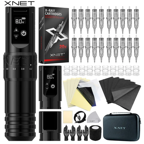 XNET T1 máquina de tatuaje inalámbrica pluma Kit completo completo carrera ajustable Motor personalizado pluma de maquillaje 20 piezas cartuchos para arte de tatuaje