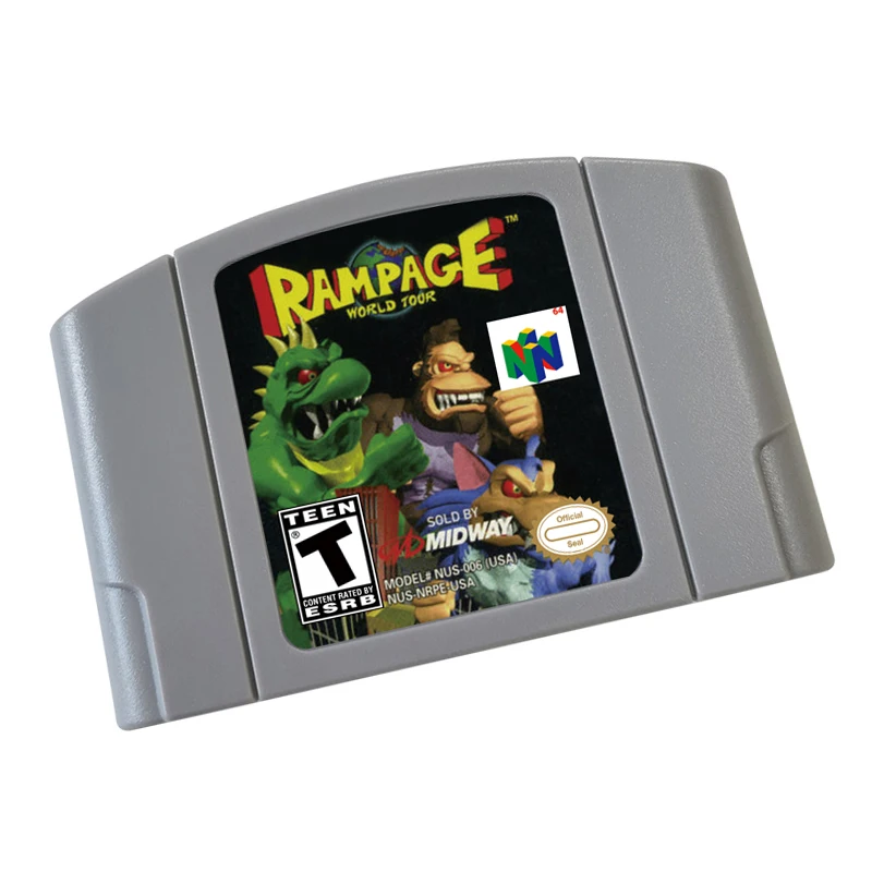 خرطوشة ألعاب فيديو Rampage World Tour 64 بت لوحدة تحكم ألعاب إصدار الولايات المتحدة والاتحاد الأوروبي